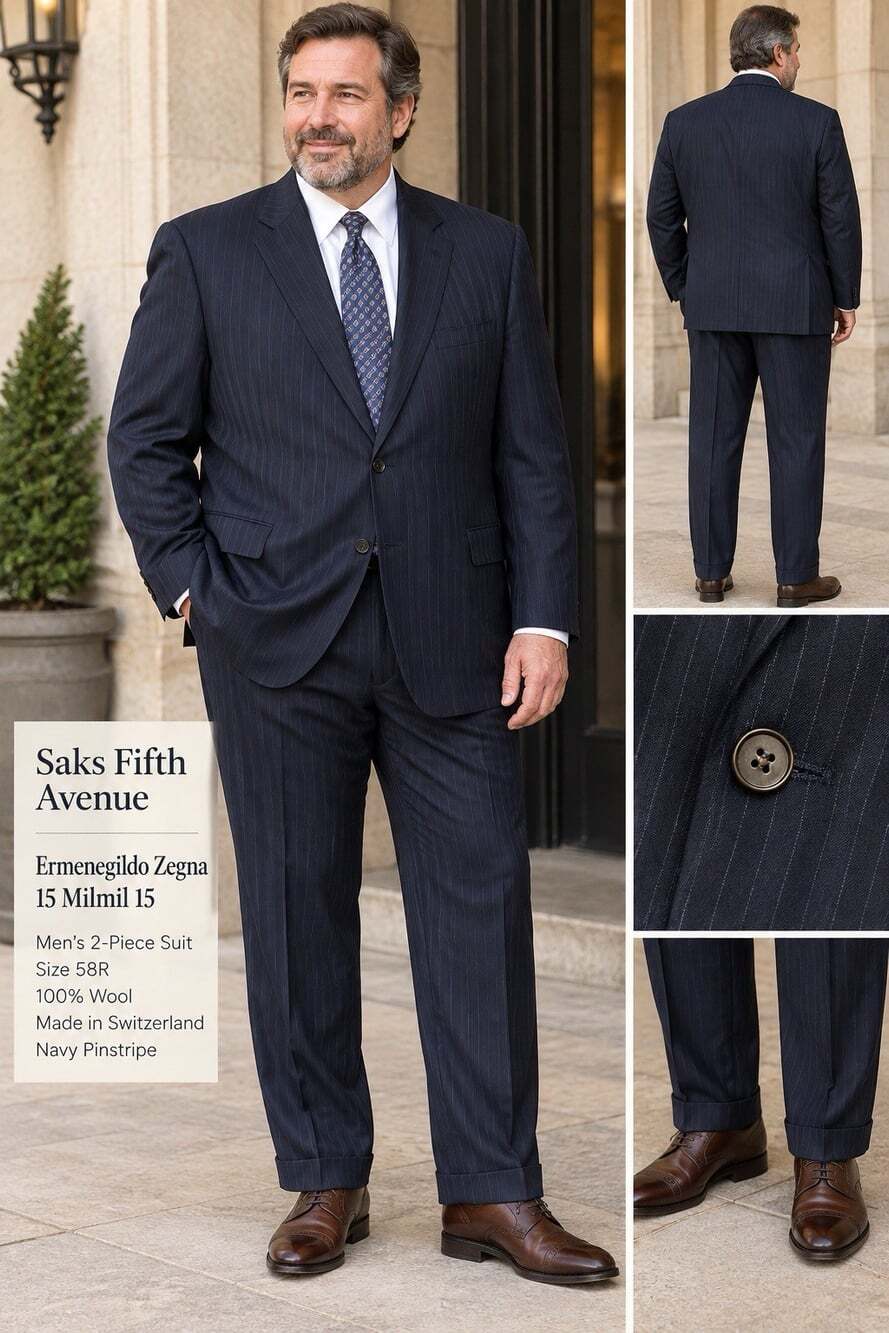 Ermenegildo Zegna Saks 46R 15 Milmil 15 Navy Pinstripe Wool 2 Piece Suit 38x30